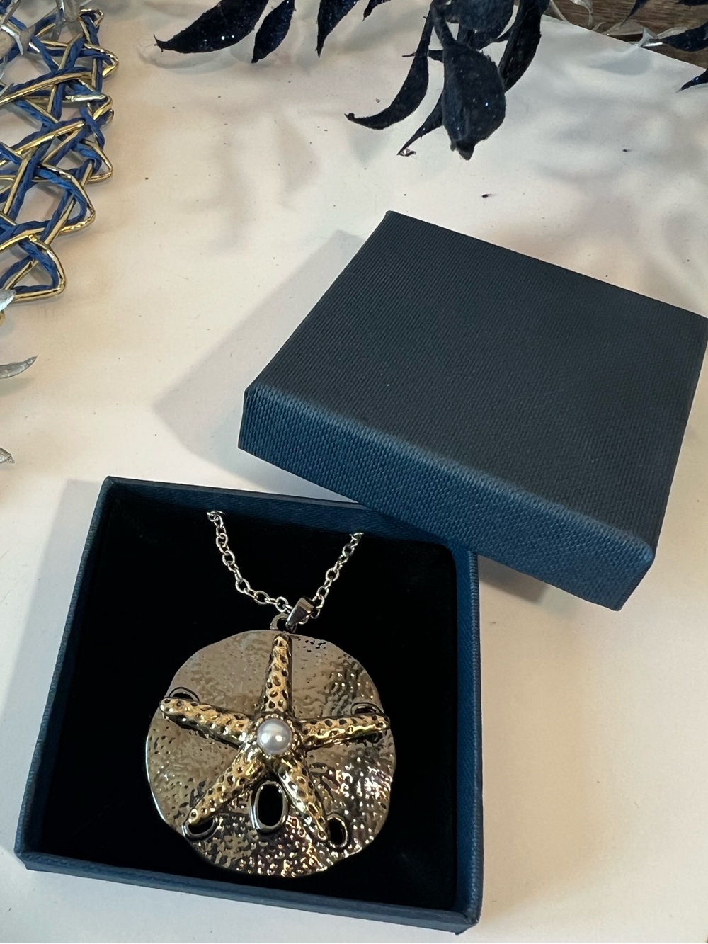 Silver Sand Dollar Necklace with Gold Starfish & Pearl Accent β Handcrafted - Picture 5 of 6